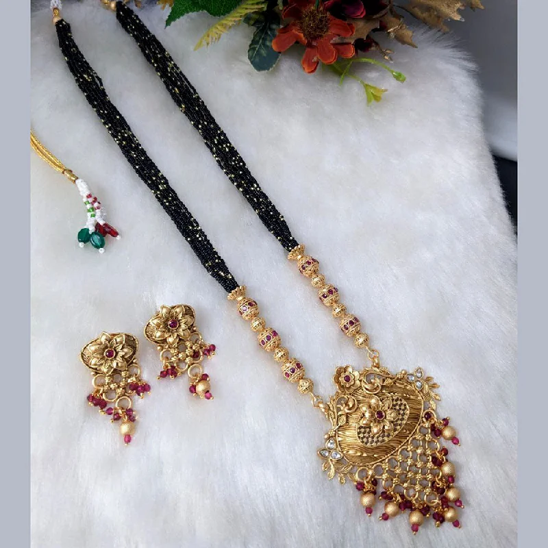 Double Pendant Necklace-Aamrapali Gold Plated Pota Stone And Beads Long Necklace Set