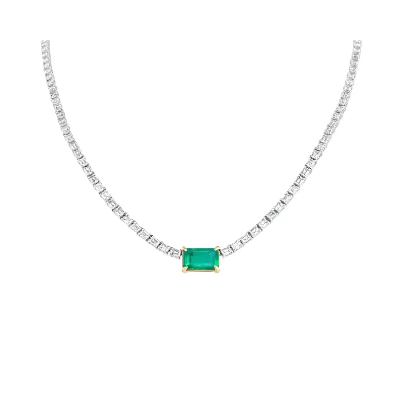 Gold Necklace with Gemstones-Emerald Center Tennis Necklace