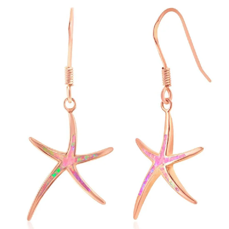 Gold Pearl Earrings-Sterling Silver Rose GP Pink Inlay Opal Starfish Earrings