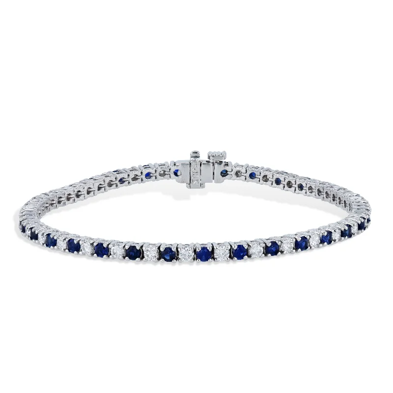 Designer Diamond Bracelets-Royal Blue Sapphire and Diamond White Gold Tennis Bracelet