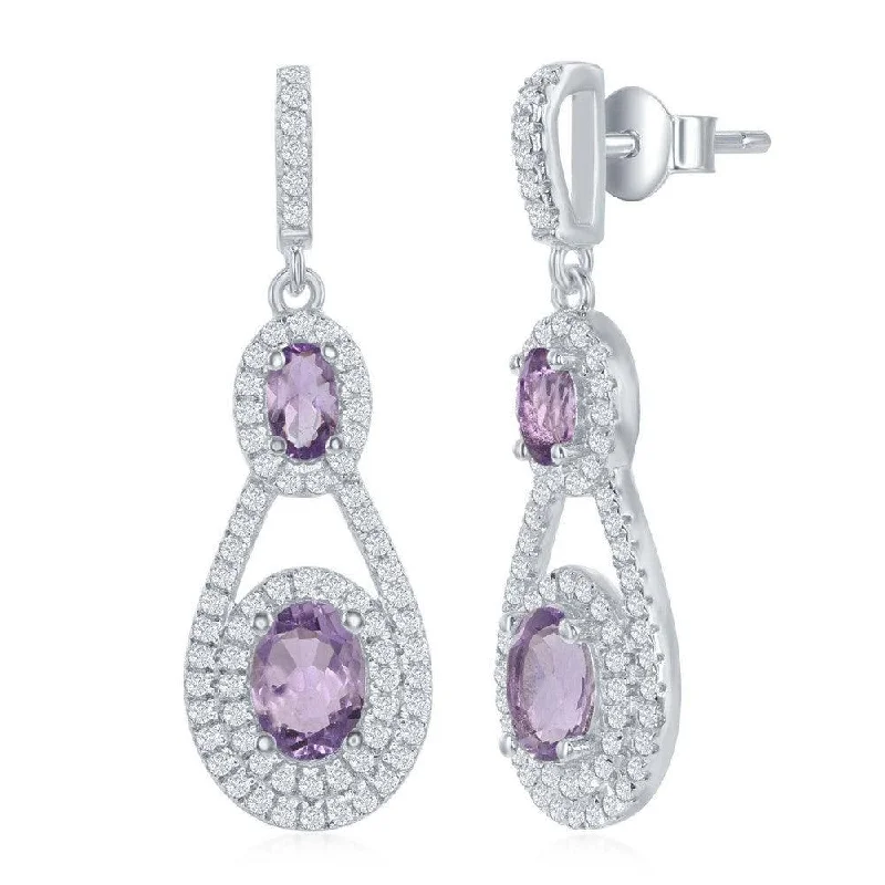 Crystal Hoop Earrings-Sterling Silver Purple Oval Amethyst Earrings