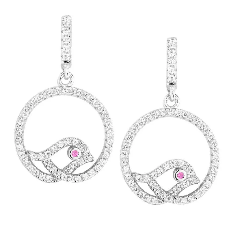 Bridal Wedding Earrings-Sterling Silver Pink Open Round CZ Bird Earrings