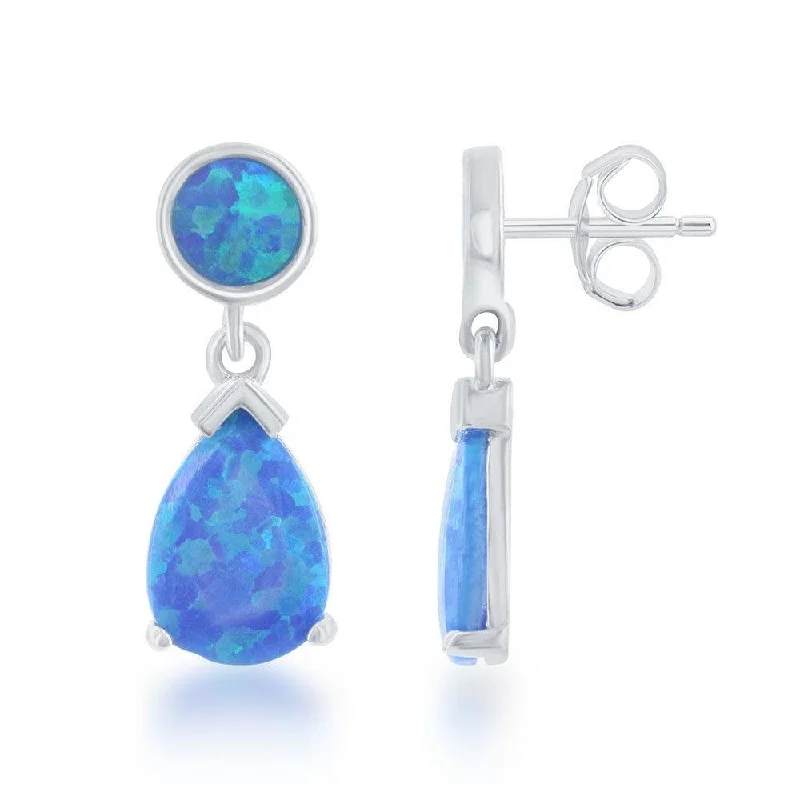 Oval Shaped Earrings-Sterling Silver Blue Inlay Opal Dangling Earrings