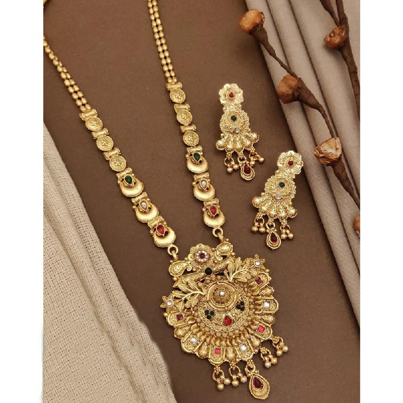 Vintage Gold Necklace-Akruti Collection Gold Plated Kundan Long Necklace Set