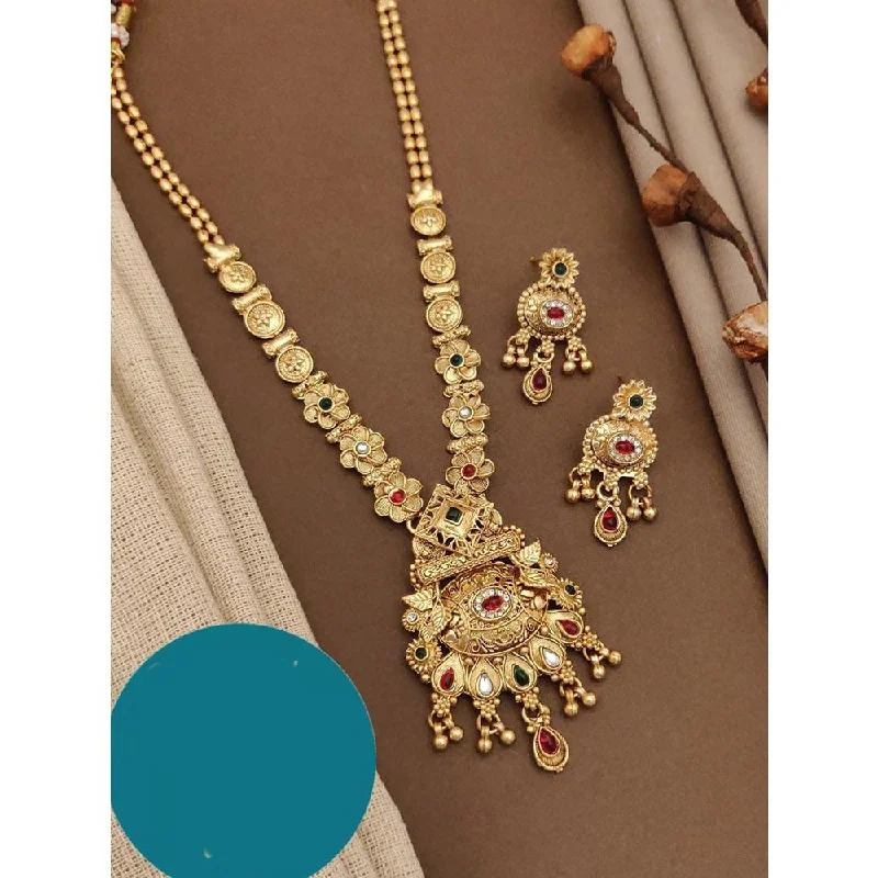 Colorful Necklace with Gemstones-Akruti Collection Gold Plated Kundan Long Necklace Set