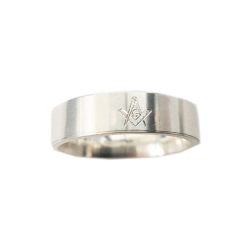 Custom Stacked Ring-Engraved Masonic Flat Band Ring in Silver