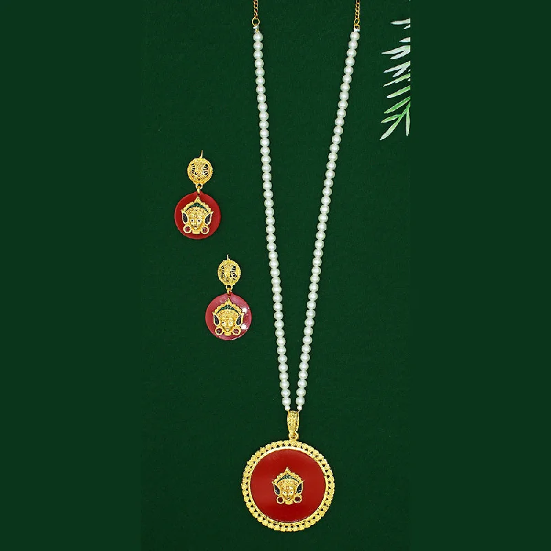 Heart Pendant Necklace with Diamonds-Mahavir Dye Gold Plated Pearl Long Necklace Set