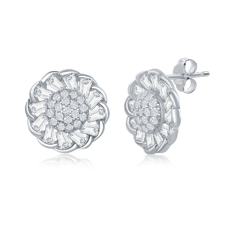 Gold and Silver Earrings-Sterling Silver Micro Pave Center & Baguette CZ Border Flower Design Stud Earrings