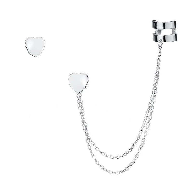 Chunky Hoop Earrings-Sterling Silver Single Stud with Cuff Heart Earrings