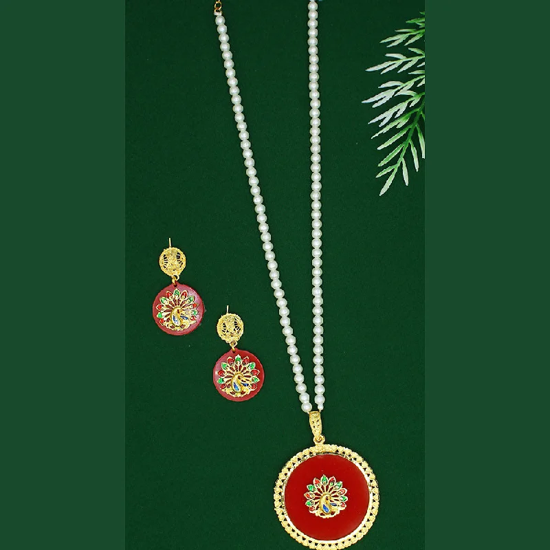 Silver Gemstone Necklace-Mahavir Dye Gold Plated Pearl Long Necklace Set