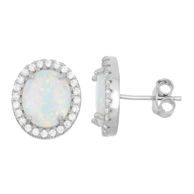 Artistic Crystal Earrings-Sterling Silver White Inlay Opal Oval Stud Earrings