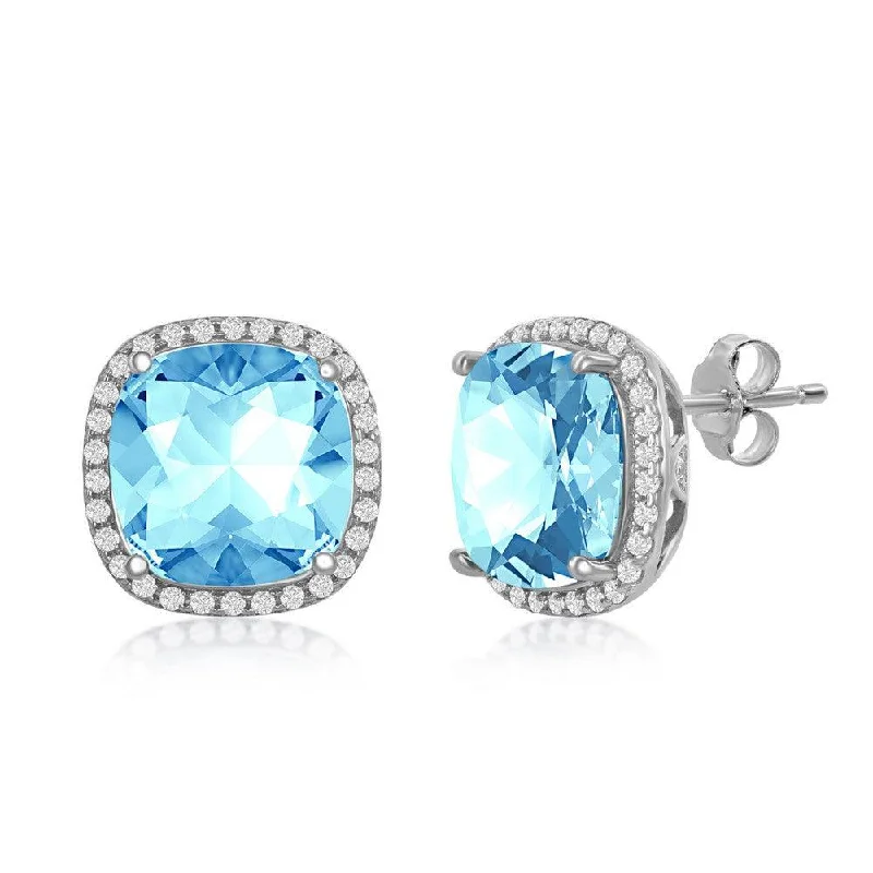 Elegant Drop Earrings-Sterling Silver CZ and 10mm Cushion Square Aqua Swarovski Element Earrings