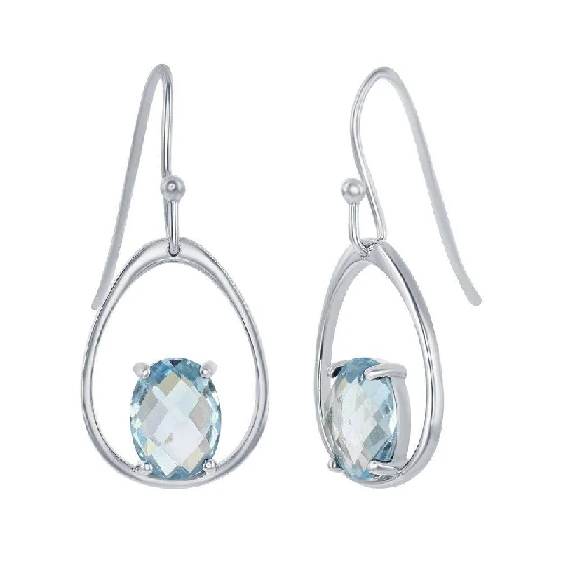 Gorgeous Sapphire Earrings-Sterling Silver Open Pear-Shaped Four-Prong Blue Topaz Earrings