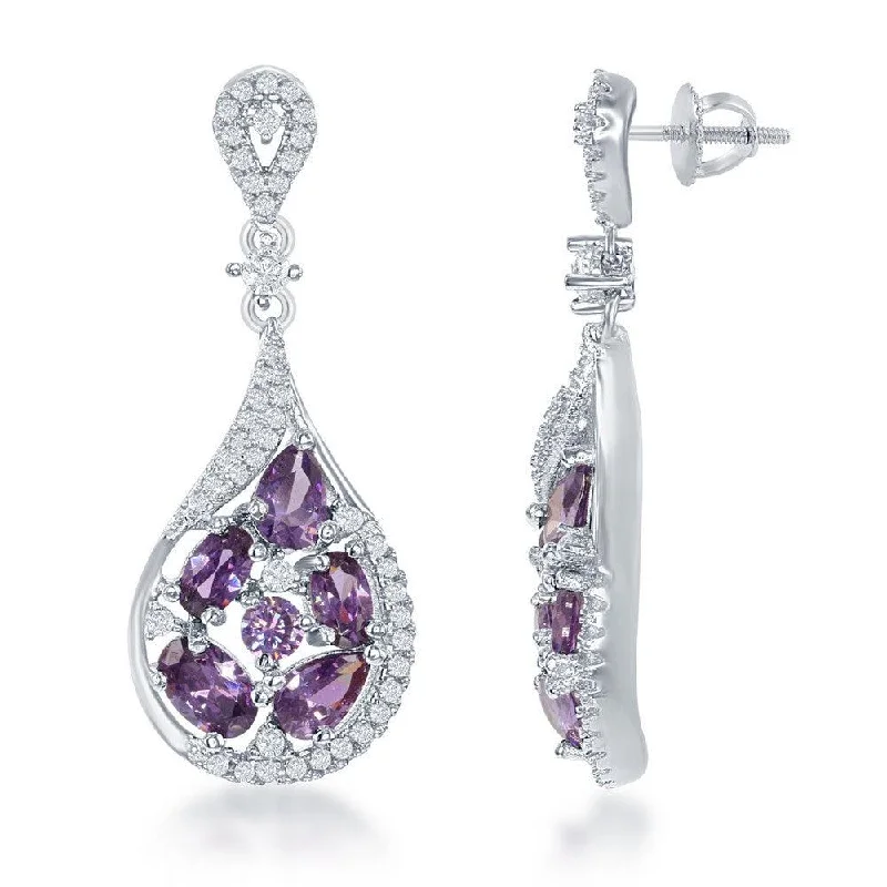 Bold Fashion Earrings-Sterling Silver Purple CZ Teardrop Earrings