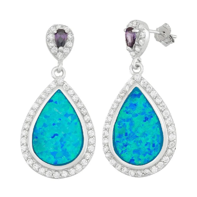 Bohemian Drop Earrings-Sterling Silver Tear Shaped Opal with CZs Earrings