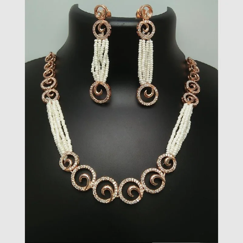 Long Gold Necklace-Manisha Jewellery Rose Gold  Plated  Austrian Stone And Pearls Necklace Set