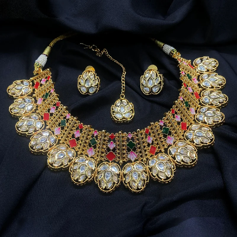 Flower Necklace for Women-Royal Kundan Jewellery Gold Plated Polki Kundan Necklace Set