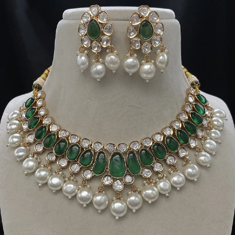 Unique Heart Necklace-Royal Kundan Jewellery Gold Plated Polki Kundan And Pearls Necklace Set