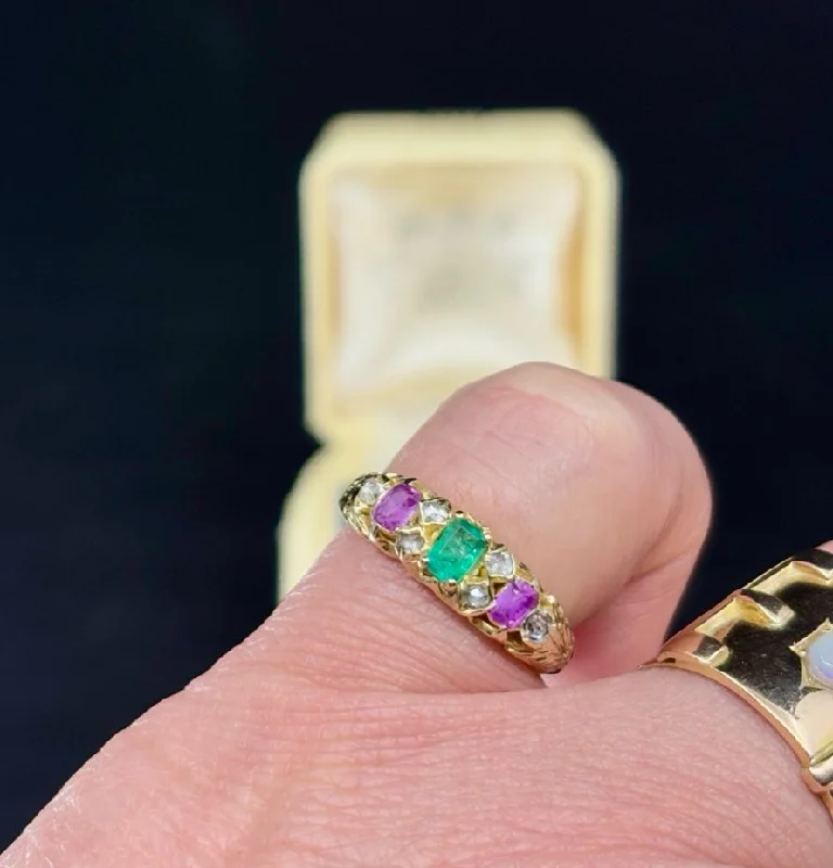 Unique Silver Wedding Ring-Victorian Emerald, Pink Sapphire & Diamond Ring