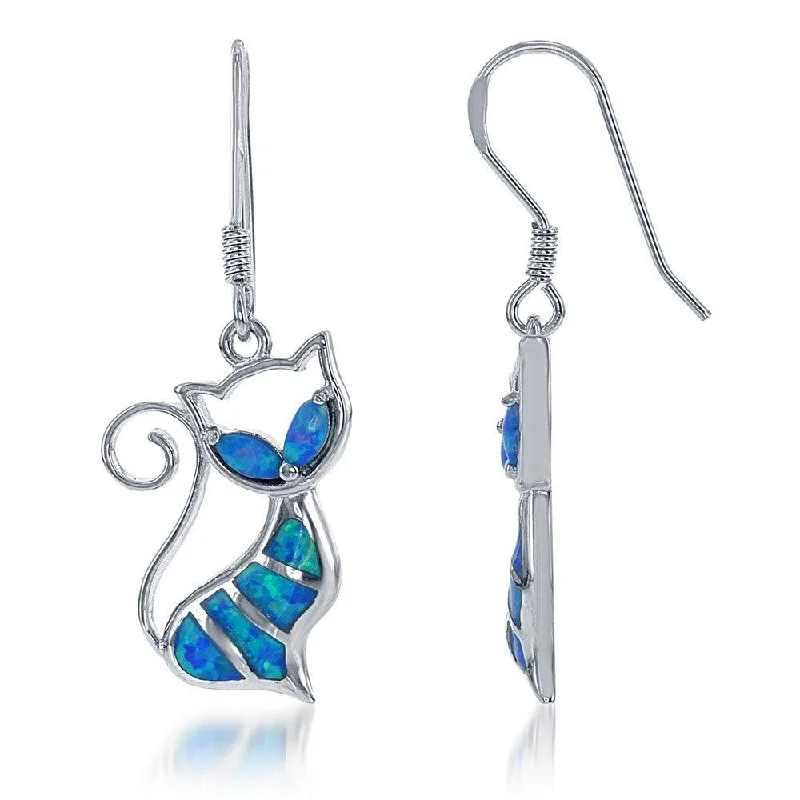 Crystal Hoop Earrings-Sterling Silver Blue Inlay Opal Cat Earrings