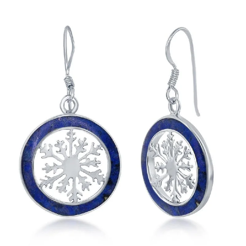 Bridal Pearl Earrings-Sterling Silver Snowflake Round Earrings - Lapis