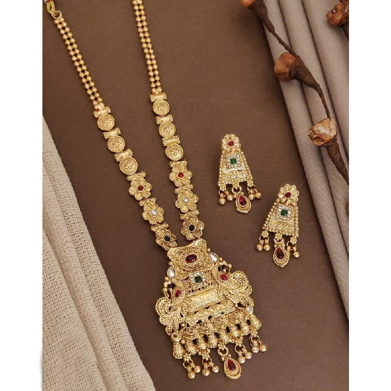 Handcrafted Bead Necklace-Akruti Collection Gold Plated Kundan Long Necklace Set