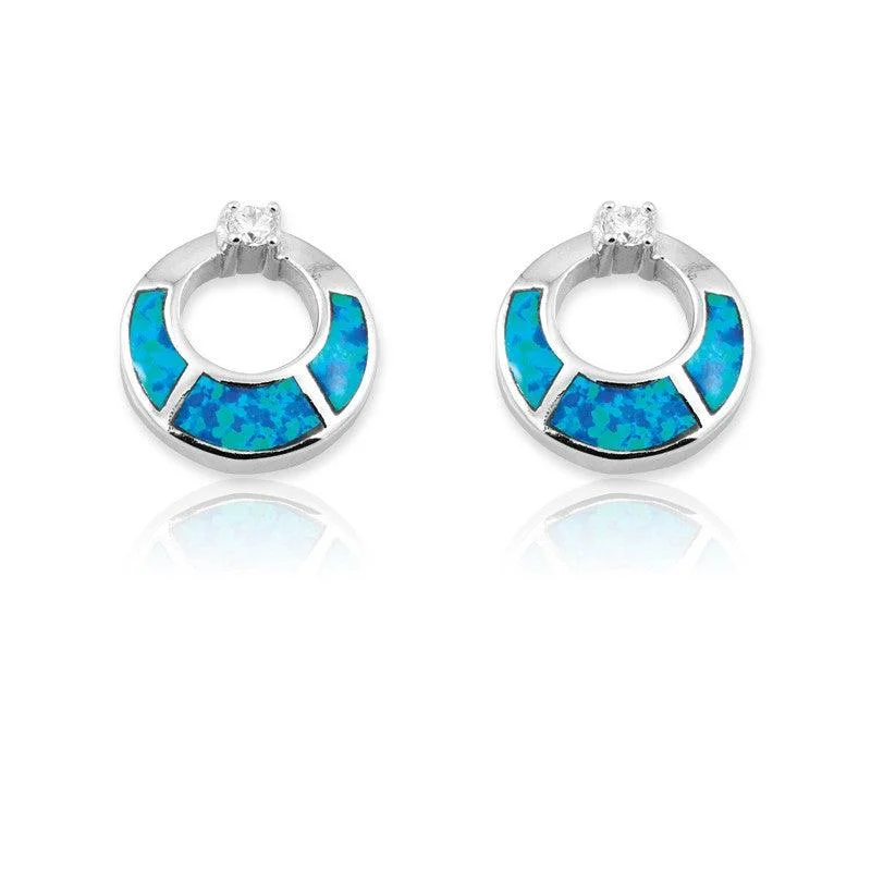 Unique Silver Earrings-Sterling Silver Blue Inlay Open Circles Earrings