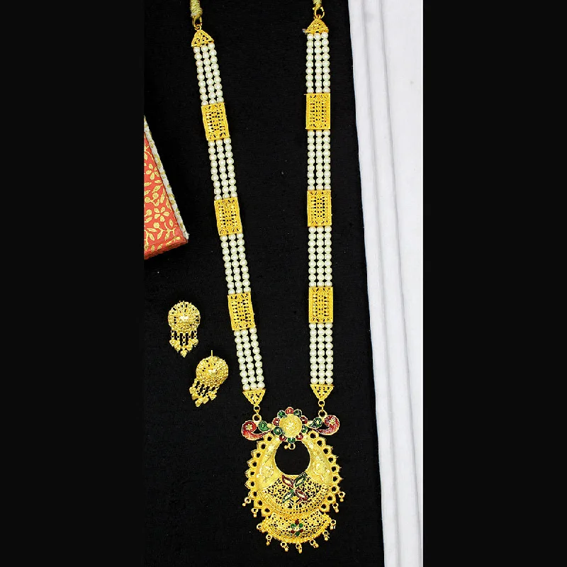 Celebrity Style Necklace-Mahavir Dye Gold Plated Pearl Long Necklace Set