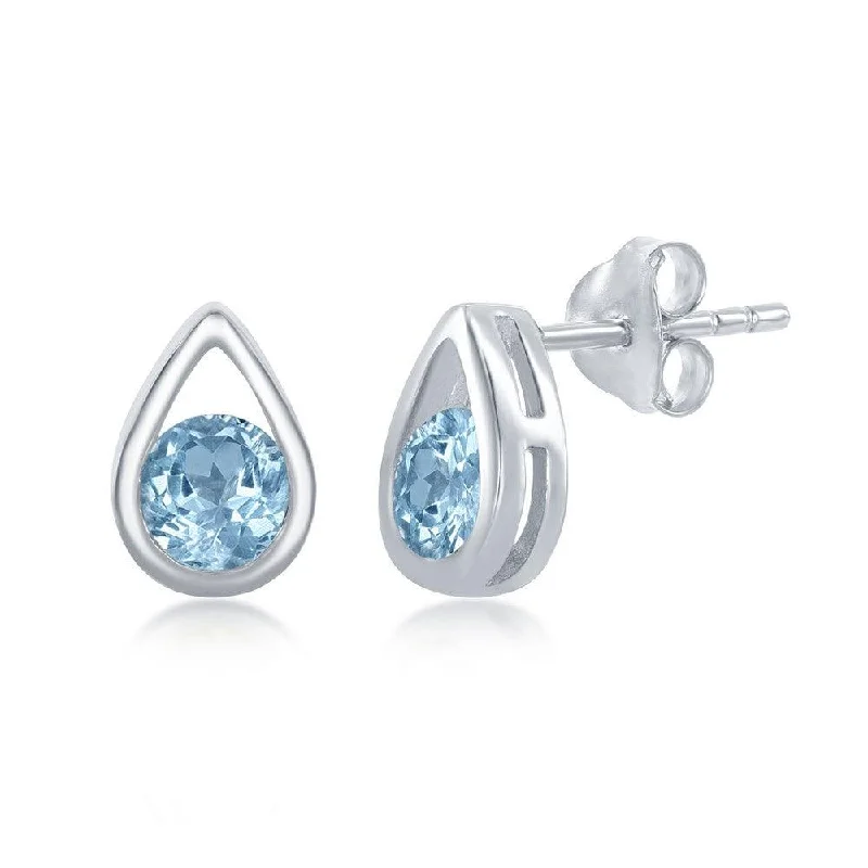 Large Crystal Earrings-Sterling Silver Open Pear Shaped Blue Topaz Earrings