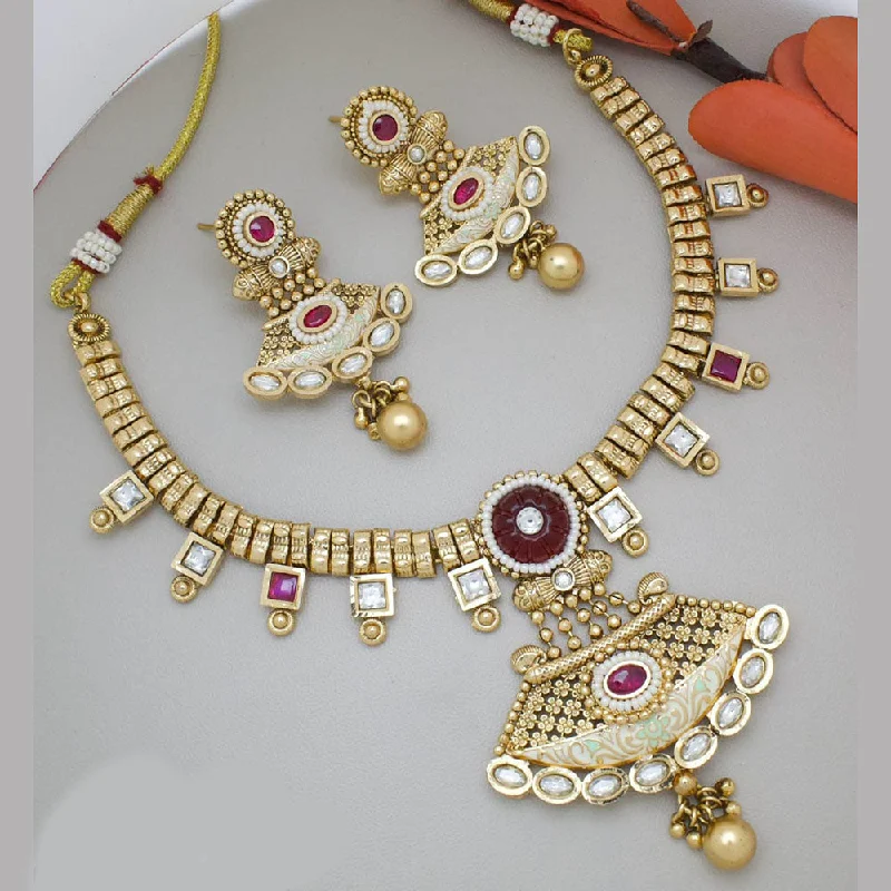 Turquoise Bead Necklace-Manisha Jewellery Gold Plated Pota Stone And Pearls Meenakari Necklace Set