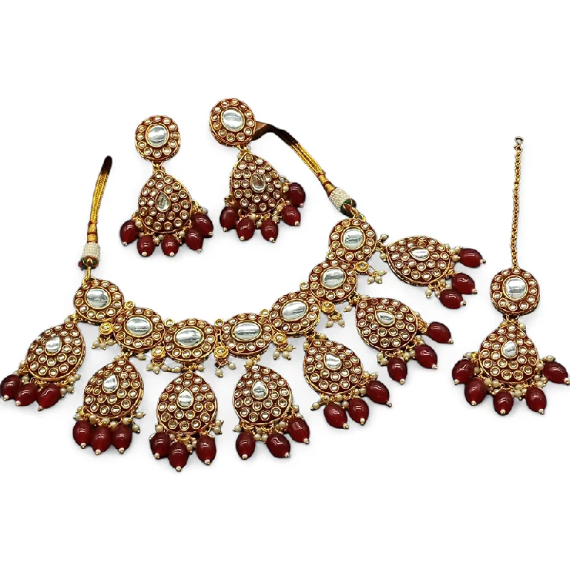 Romantic Heart Necklace-Gehana Mahal Gold Plated Kundan Stone And Beads Necklace Set