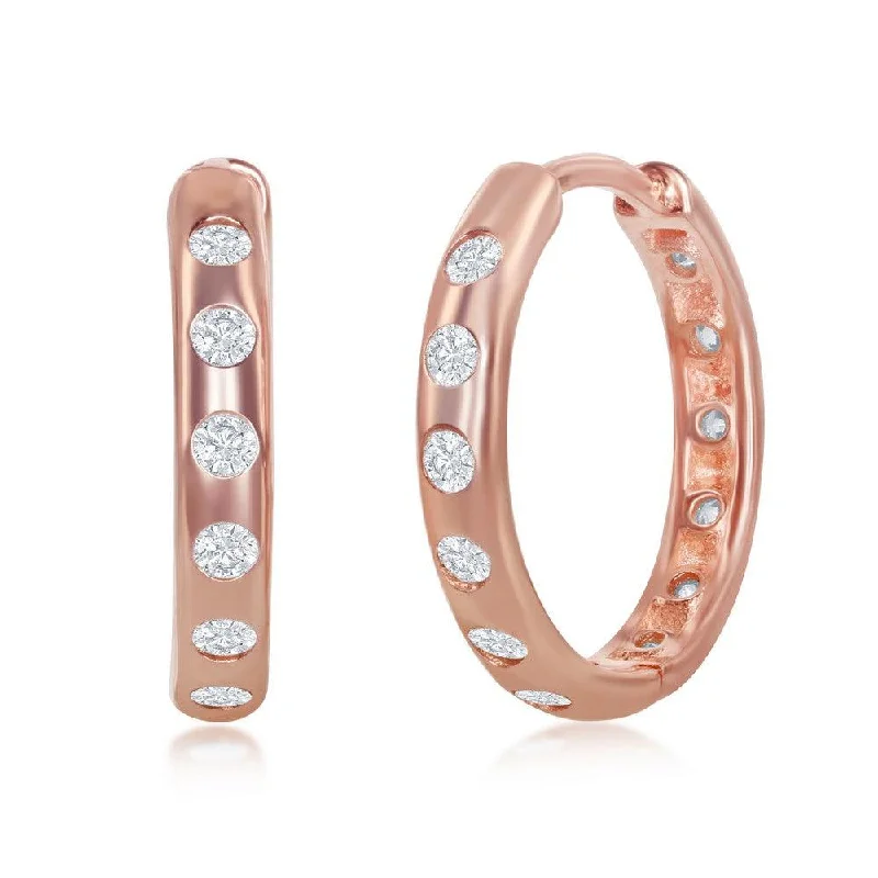 Black and Gold Earrings-Sterling Silver 18mm CZ Hoop Earrings - Rose Gold Plated