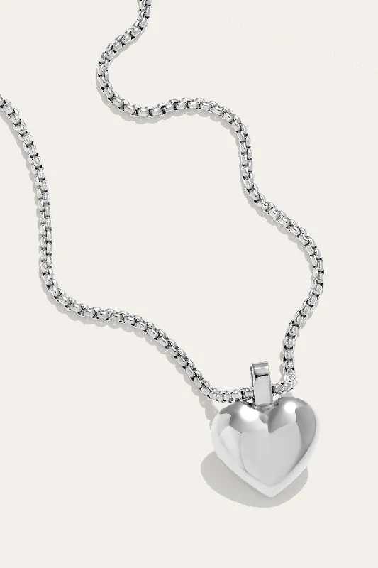 Chunky Silver Necklace-Puffed Heart Silver Plated Necklace