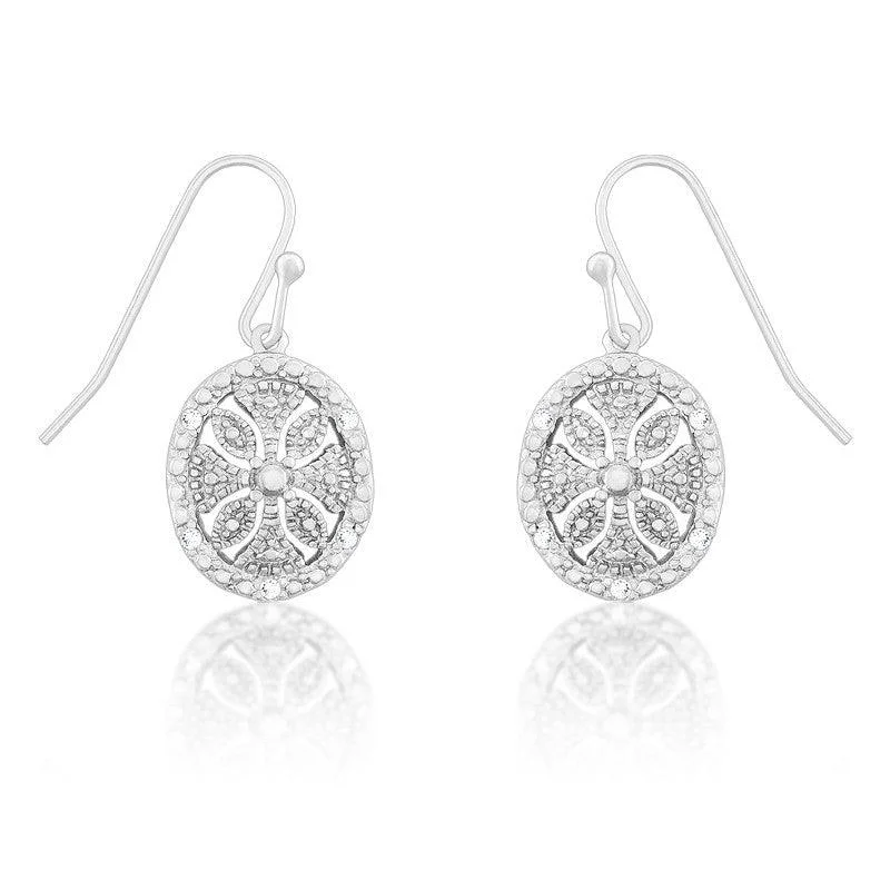 Chic Statement Earrings-Sterling Silver Oval Disc Flower Diamond Earrings