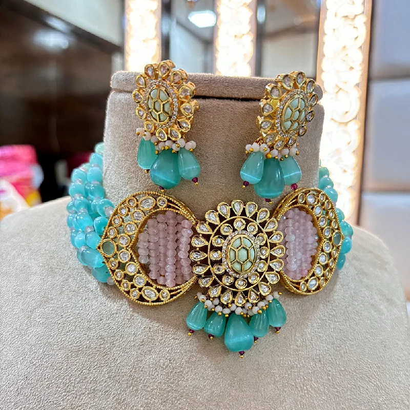 Elegant Turquoise Necklace-Jewel Addiction Copper Gold Plated Polki Kundan And Pearls Kundan Necklace Set