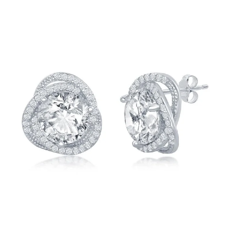 Classic Diamond Earrings-Sterling Silver 12mm Flower Design CZ Earrings