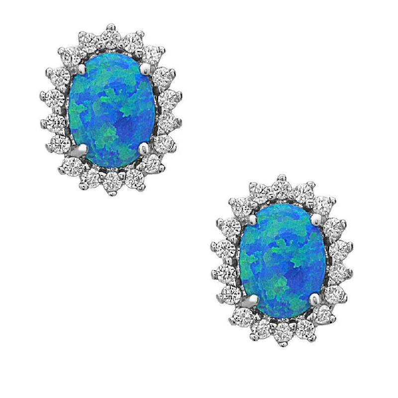 Large Silver Hoop Earrings-Sterling Silver Oval CZ Blue Inlay Opal Earrings