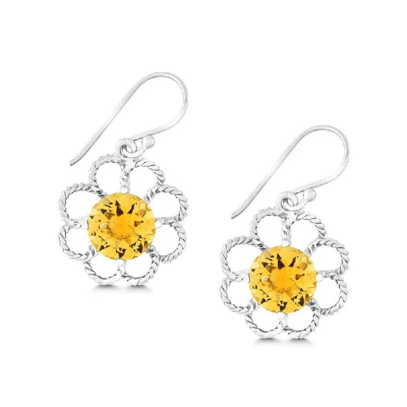 Colorful Gemstone Earrings-Sterling Silver Open Petal Flower with Center Round Citrine Earrings