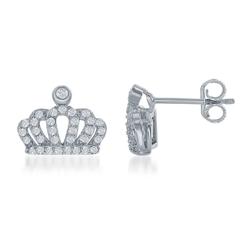 Artistic Pearl Earrings-Sterling Silver Small CZ Crown Stud Earrings