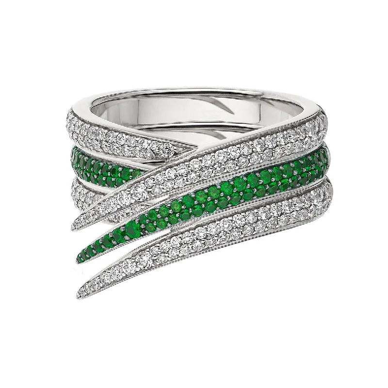 Classic Gold Ring-Interlocking Stacked Ring - 18ct White Gold & White Diamond and Tsavorite