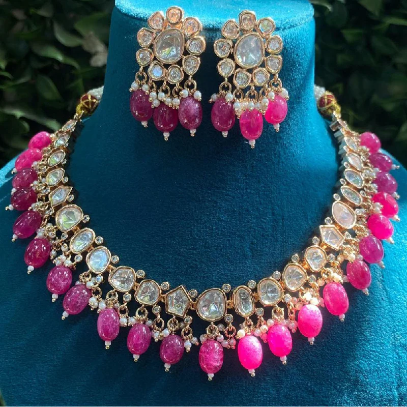 Customizable Birthstone Necklace-Royal Kundan Jewellery Gold Plated Polki Kundan And Beads Necklace Set