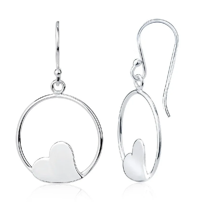 Large Gemstone Earrings-Sterling Silver Open Circle with Flat Center Heart Earrings