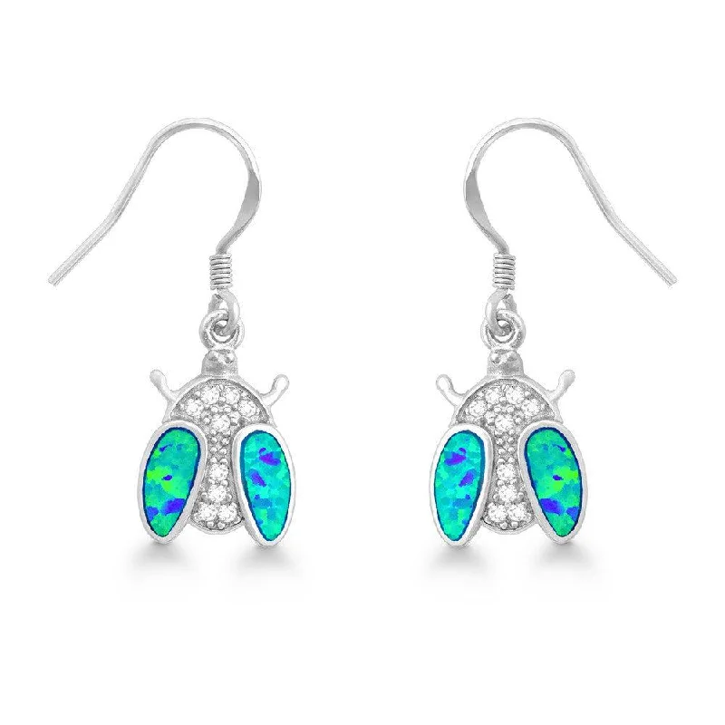 Pearl Hoop Earrings-Sterling Silver Blue Inlay Opal CZ Ladybug Earrings