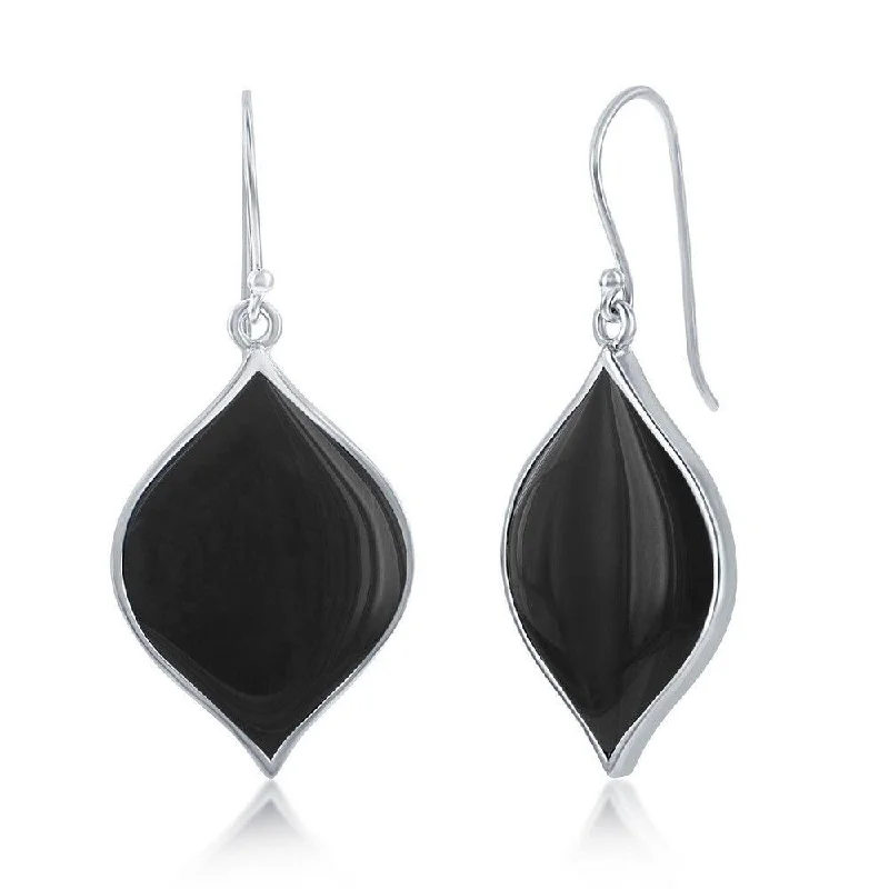 Classic Round Earrings-Sterling Silver Black Agate Marquise Shape Earrings