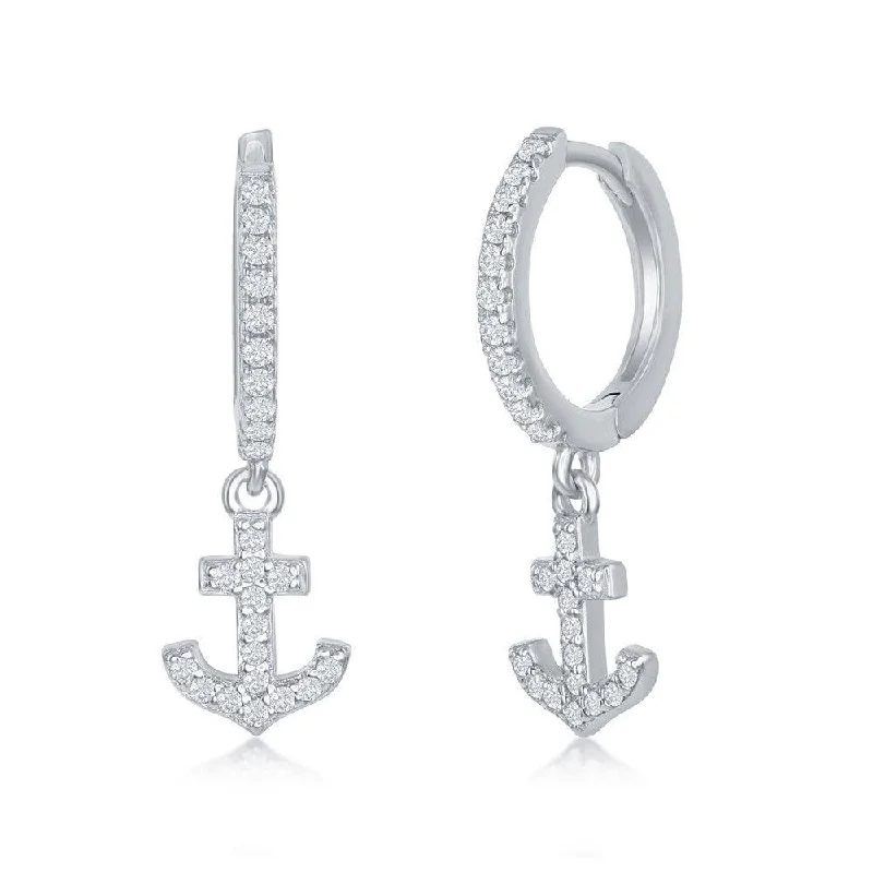 Trendy Tassel Earrings-Sterling Silver Small Huggie Hoop Anchor Earrings