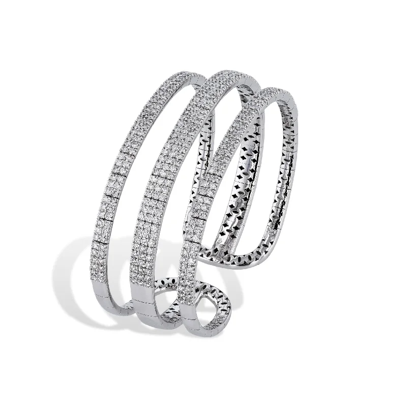 Classic Tennis Bracelets-Three Row White Gold Diamond Cuff Bracelet