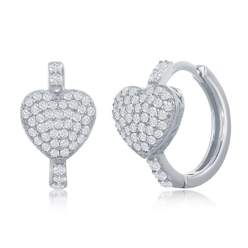 Earrings with Natural Stones-Sterling Silver Mircro Pave CZ Heart Huggie Hoop Earrings