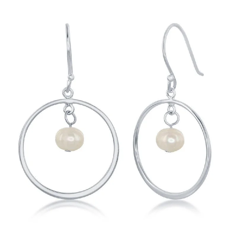 Casual Silver Earrings-Sterling Silver Open Circle with Pearl Earrings