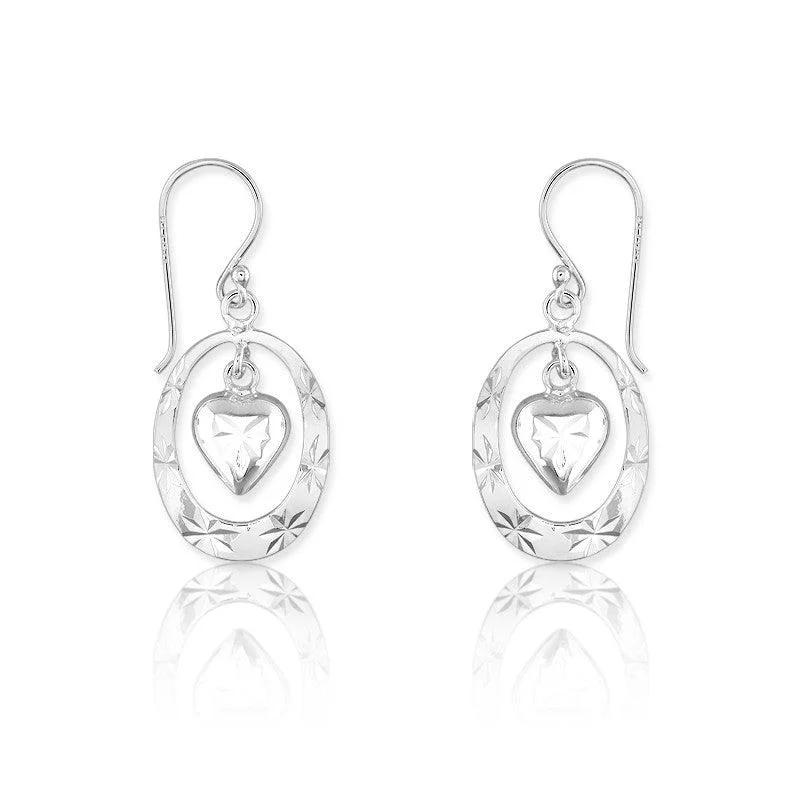 Gold and Diamond Earrings-Sterling Silver Open Oval with Center Dangling Heart Earrings