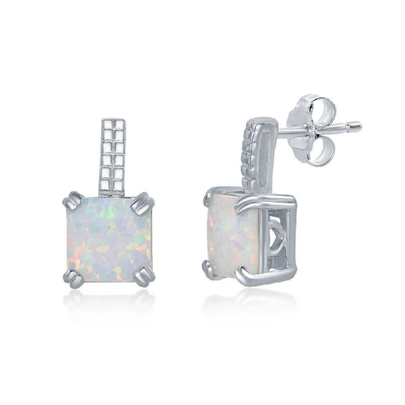 Trendy Gemstone Earrings-Sterling Silver Beaded Bar and White Opal Earrings